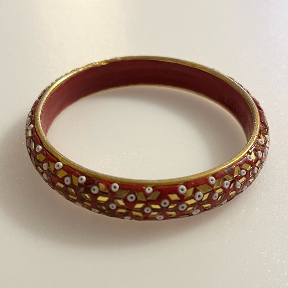 Beaded Indian Bangle Cuff Red Gold White Bracelet